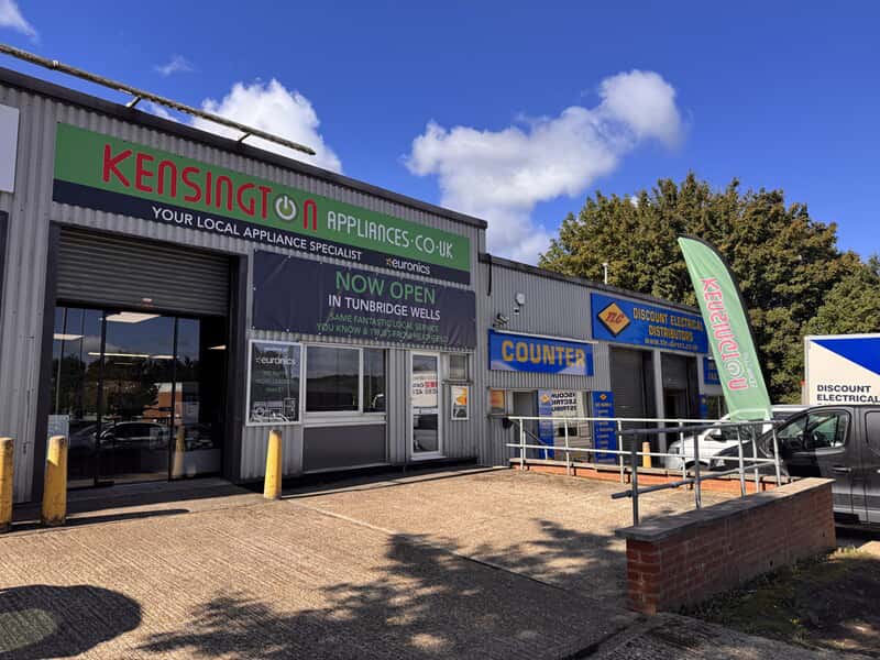 An image of the exterior red and green signage for Kensington Appliances.